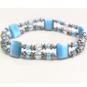 Vintage Beaded Stretch Bracelet Blue Cats Eye 2 Strand SilverTone Clear Beads